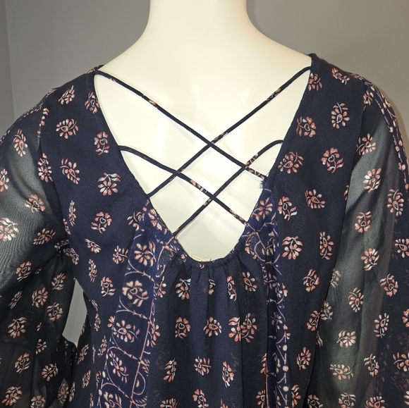 Japna Blue with Pink Print Lined Crocheted Neck Detail Mini Trapeze Dress Sz S - Picture 5 of 11